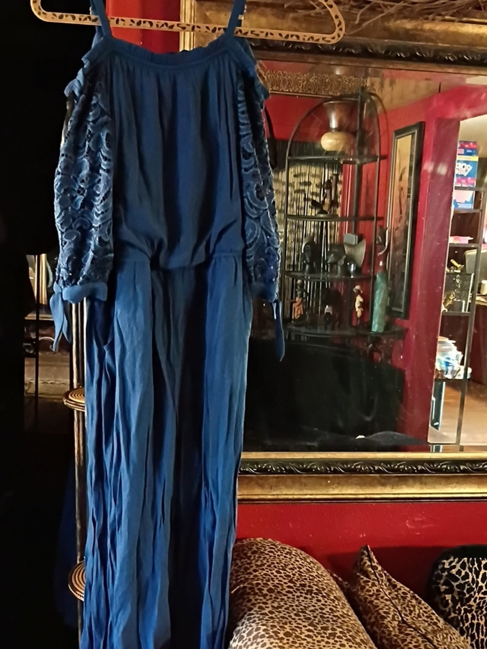 Girls' Royal Blue Cold-Shoulder Jumpsuit with Lace Sleeves